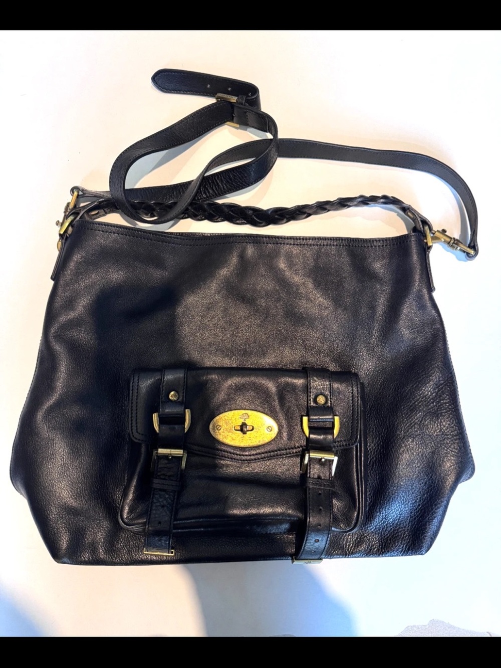 Mulberry Black Leather Braided-strap Shoulder Bag with Gold Hardware